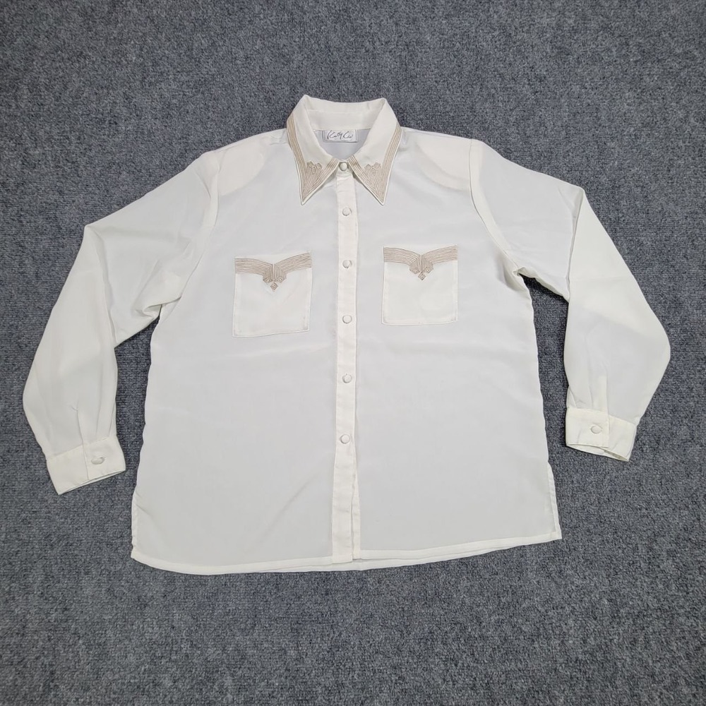 Kathy Choi‎ Button Up Shirt Womens 14 Beige Long Sleeve Collared Embellished Top